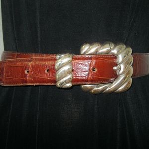 Enmon leather belt, brown w/ silver, NEW Sz S
